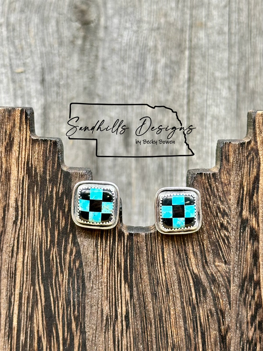 Mohave Turquoise Checker Square with Wire Boarder Earrings