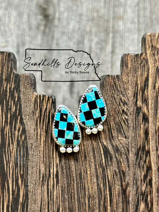Mohave Turquoise Checker Tear Drop with 3 Silver Balls Earrings