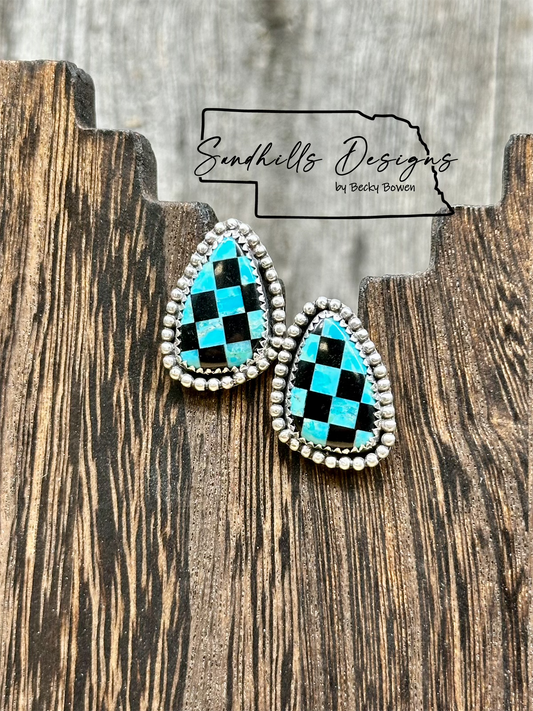 Mohave Turquoise Checker Tear Drop with Bead Boarder Earrings