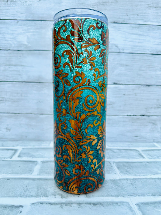 Teal Glittered Tooled Leather